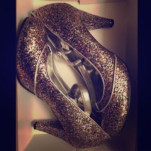Gorgeous multi-color glitter T-strap heels